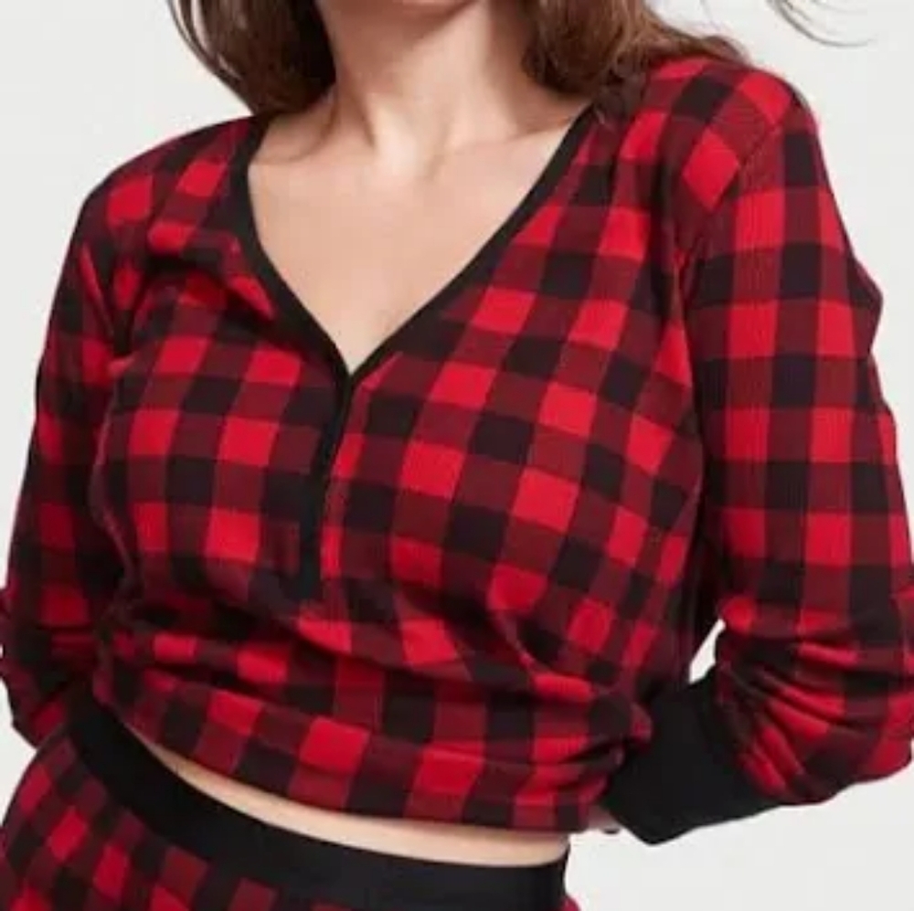 Victoria's Secret Red Check Buffalo Plaid Sleep Henley Shirt XXL NWT